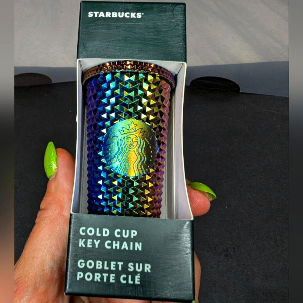 Starbucks NIB discontinued mini Cold Cup Keychain 2023 studded oil slick style
